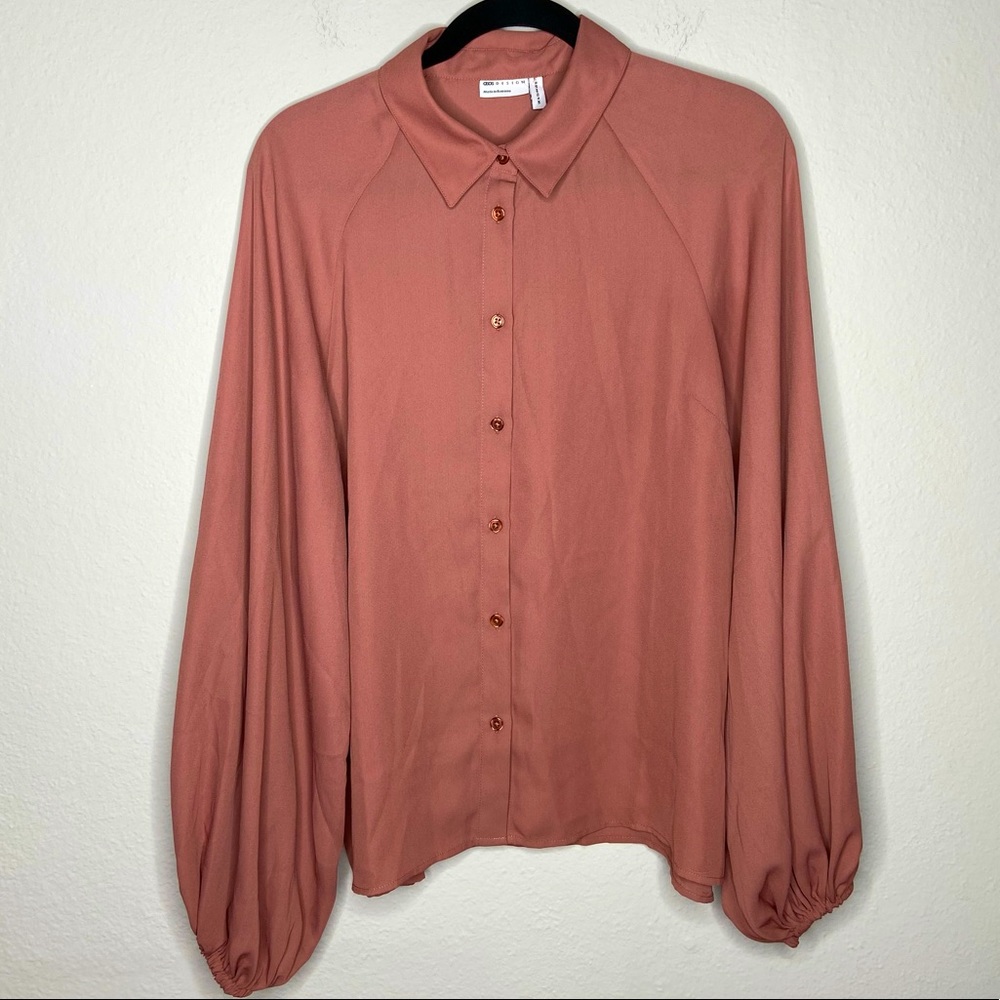 ASOS Design Rose Pink Flowy Chiffon Balloon Sleeve Button Up Blouse